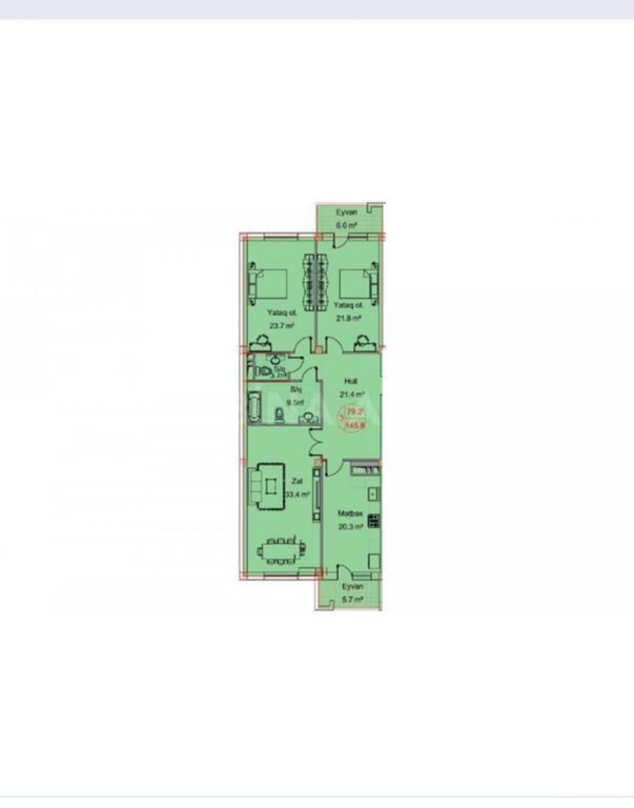 Satılır 3 otaqlı mənzil 145.8 m²