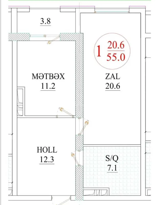 Satılır 2 otaqlı mənzil 56 m²