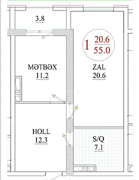Satılır 2 otaqlı mənzil 56 m²