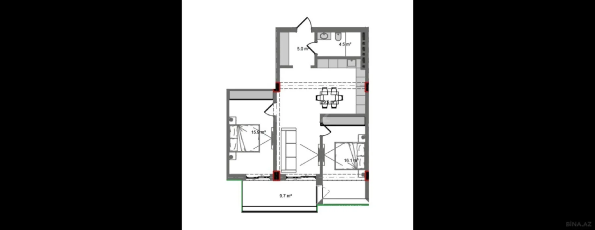 Satılır 3 otaqlı mənzil 95.9 m²