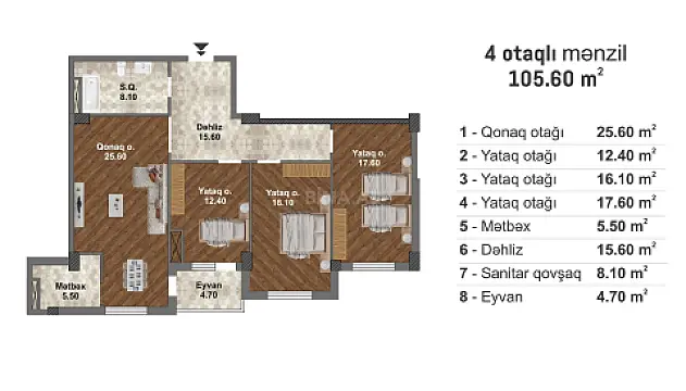 Satılır 4 otaqlı mənzil 105.6 m²