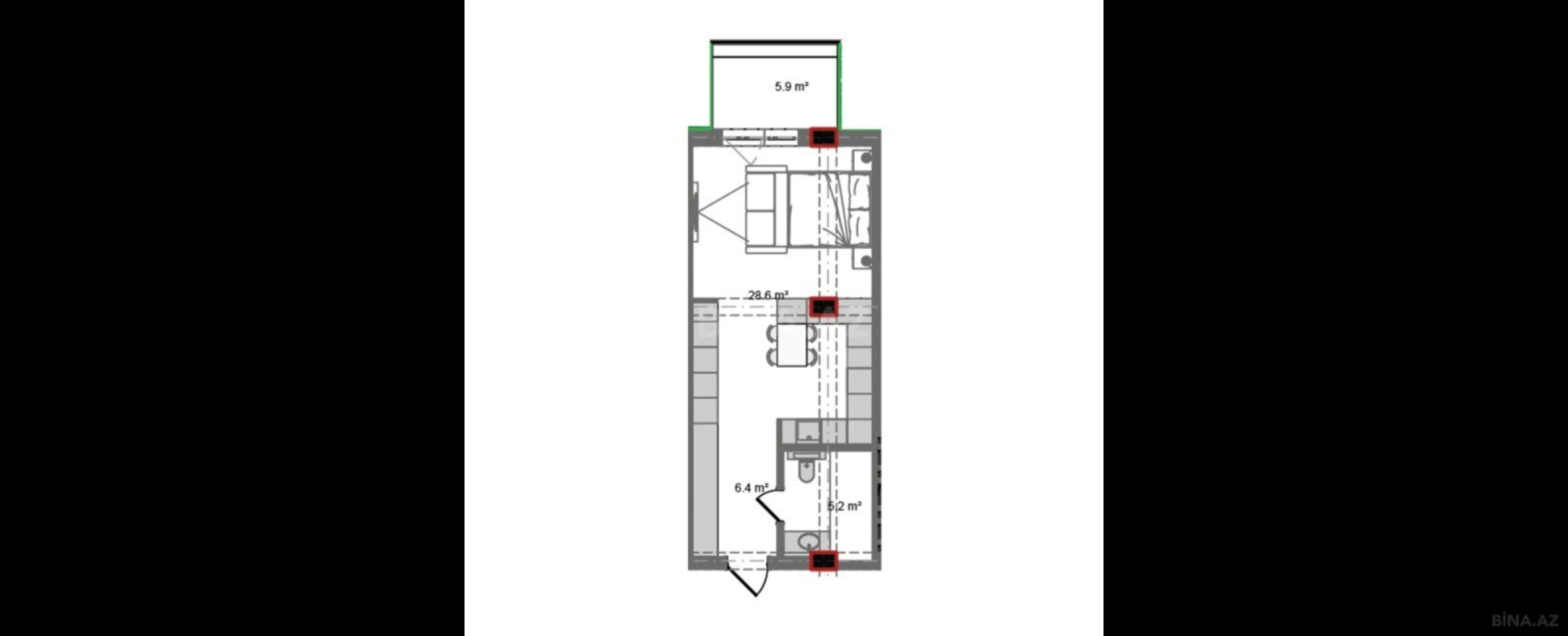 Satılır 1 otaqlı mənzil 53.7 m²