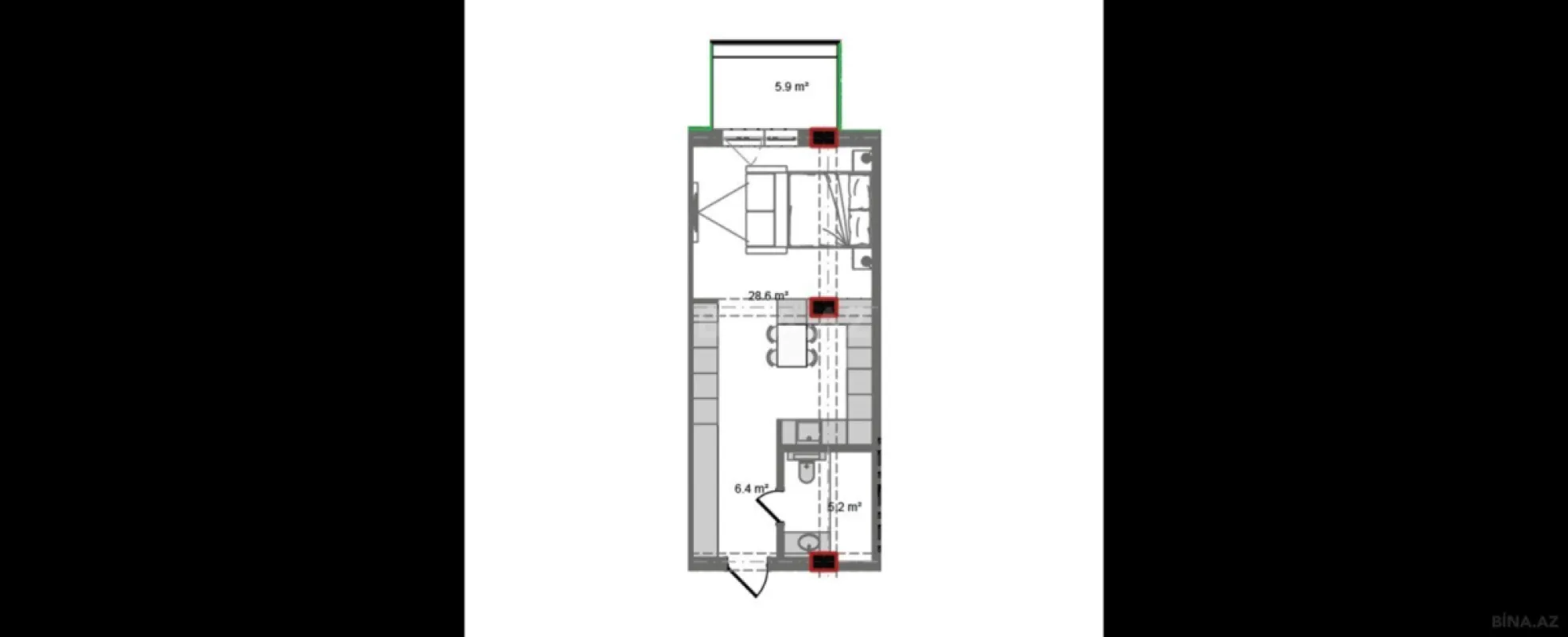 Satılır 1 otaqlı mənzil 53.7 m²