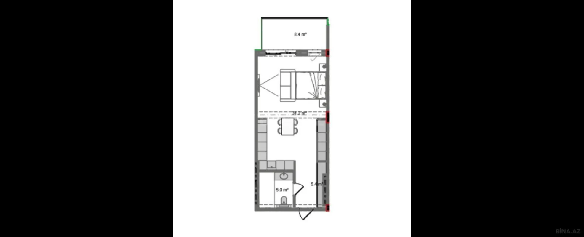 Satılır 1 otaqlı mənzil 57.9 m²