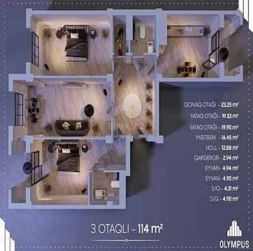 Satılır 3 otaqlı mənzil 114 m²