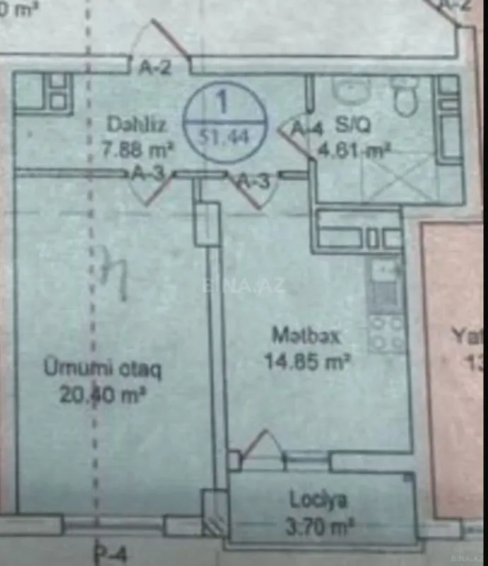 Satılır 1 otaqlı mənzil 52 m²