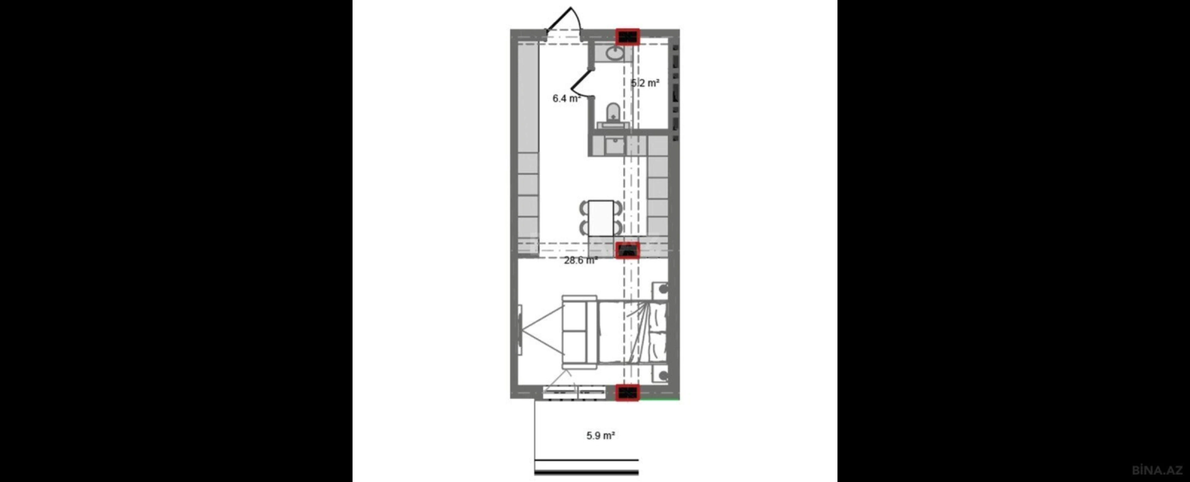 Satılır 1 otaqlı mənzil 53.7 m²