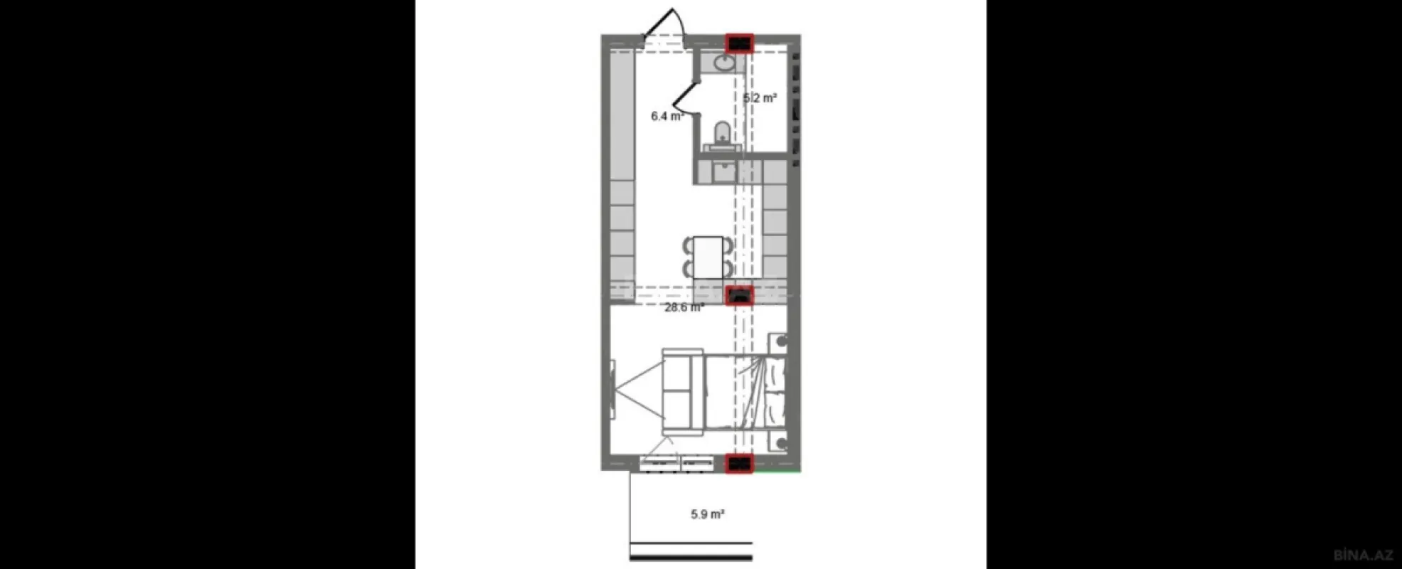 Satılır 1 otaqlı mənzil 53.7 m²