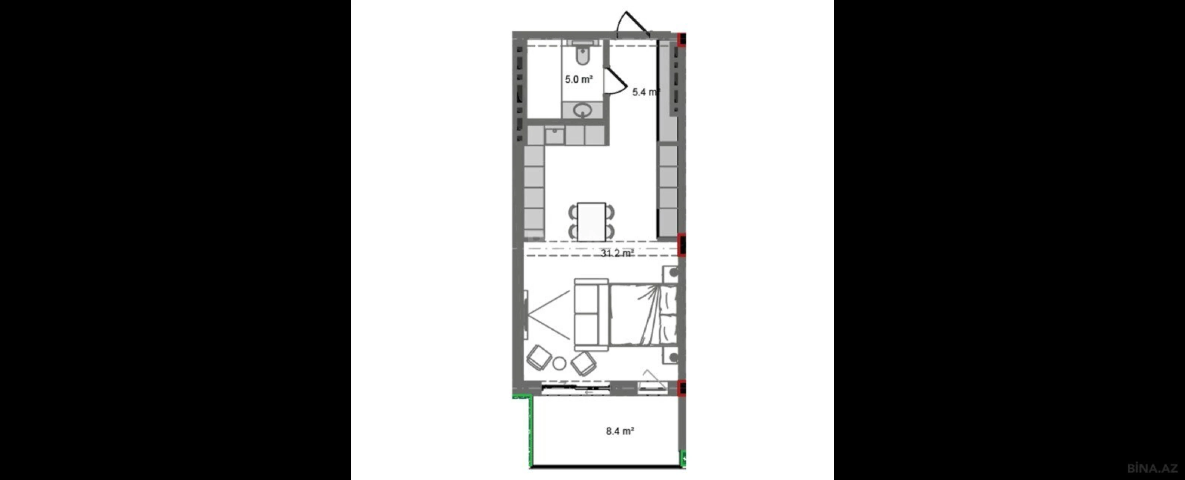 Satılır 1 otaqlı mənzil 57.9 m²