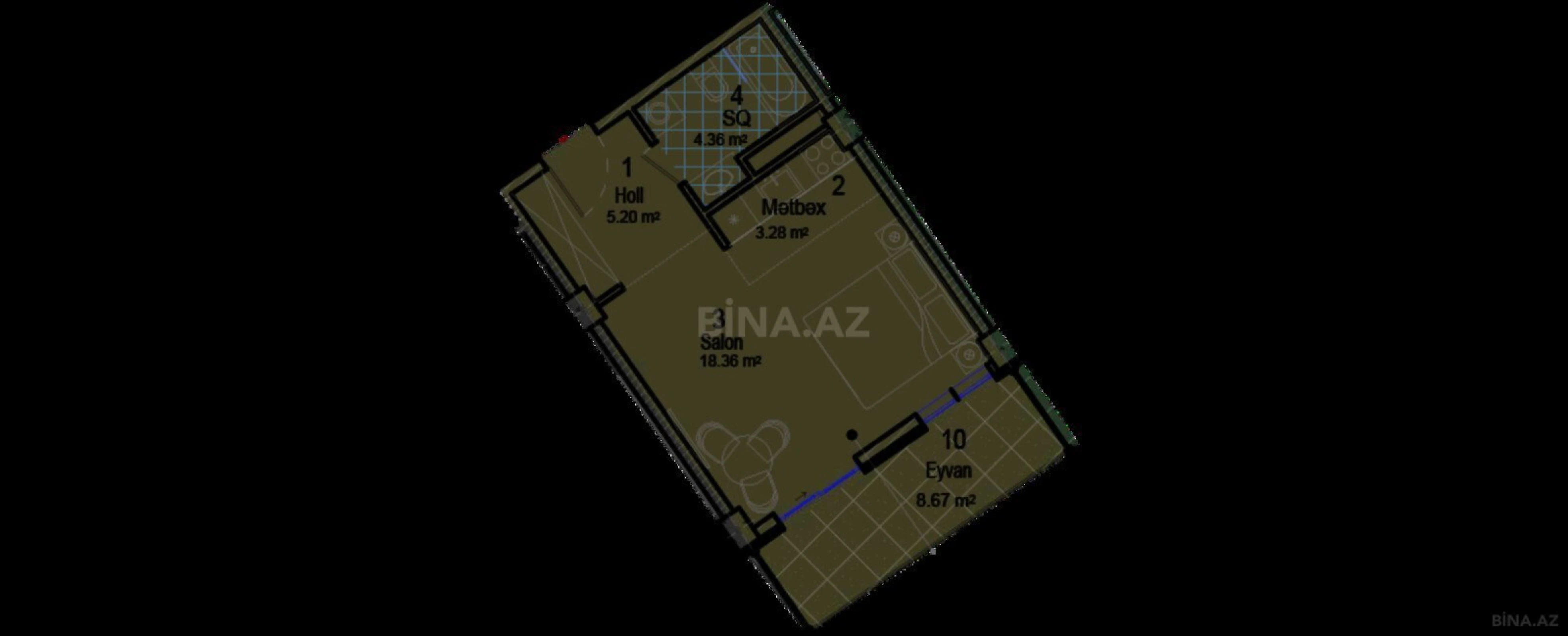 Satılır 1 otaqlı mənzil 44.7 m²
