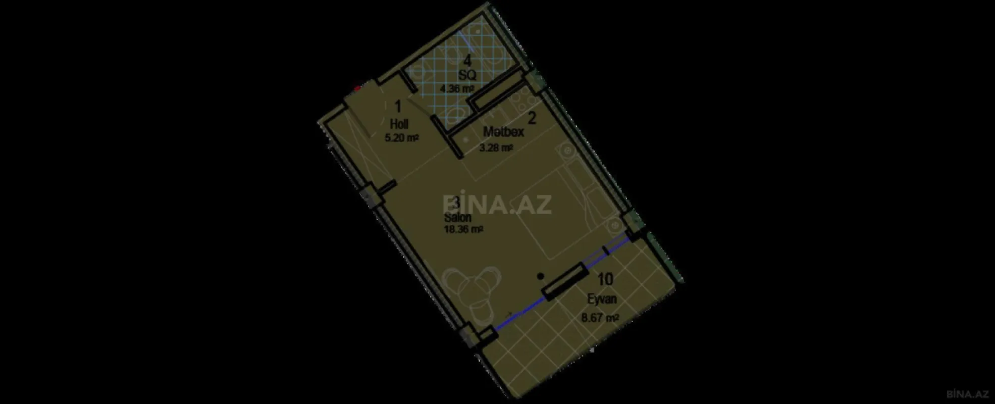 Satılır 1 otaqlı mənzil 44.7 m²