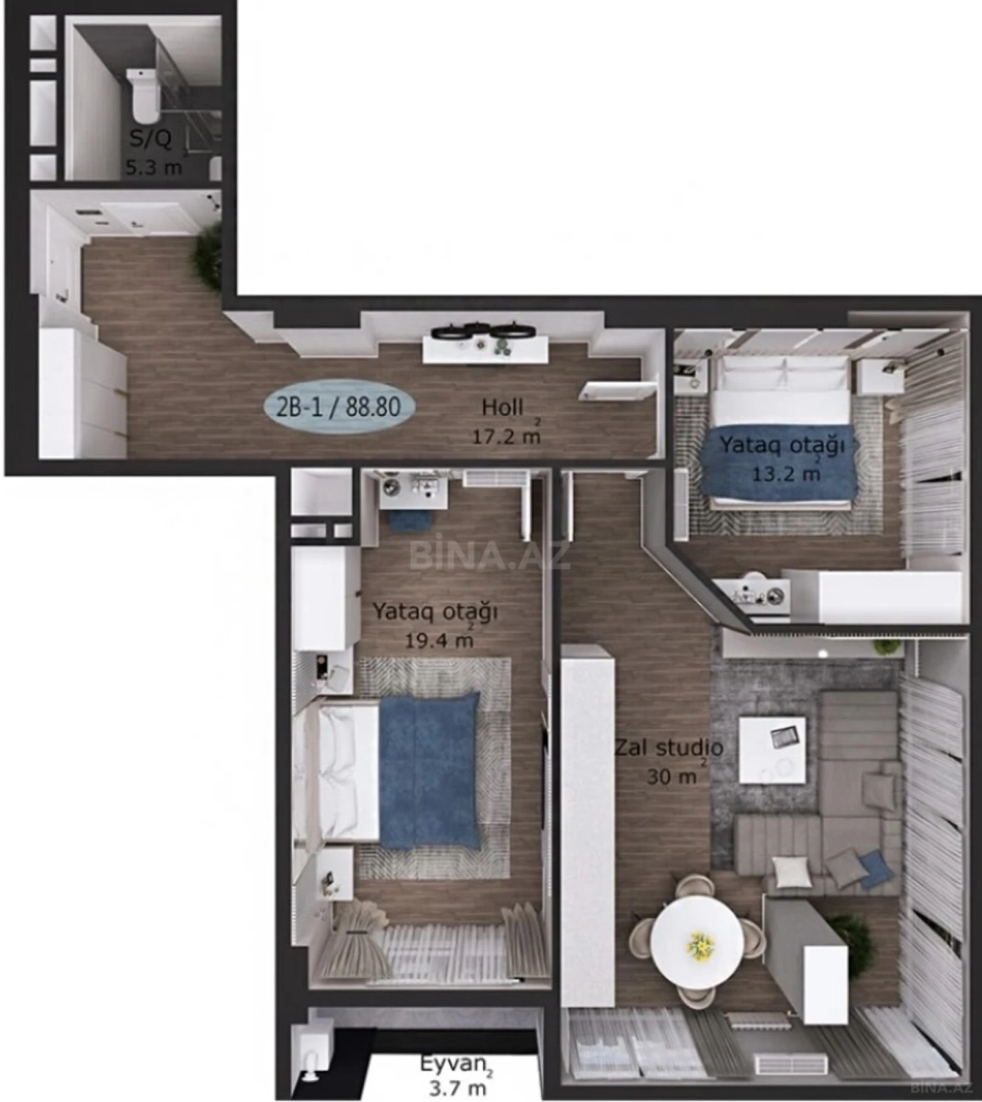 Satılır 2 otaqlı mənzil 88.8 m²