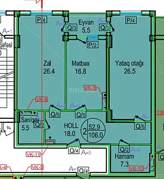 Satılır 2 otaqlı mənzil 106 m²