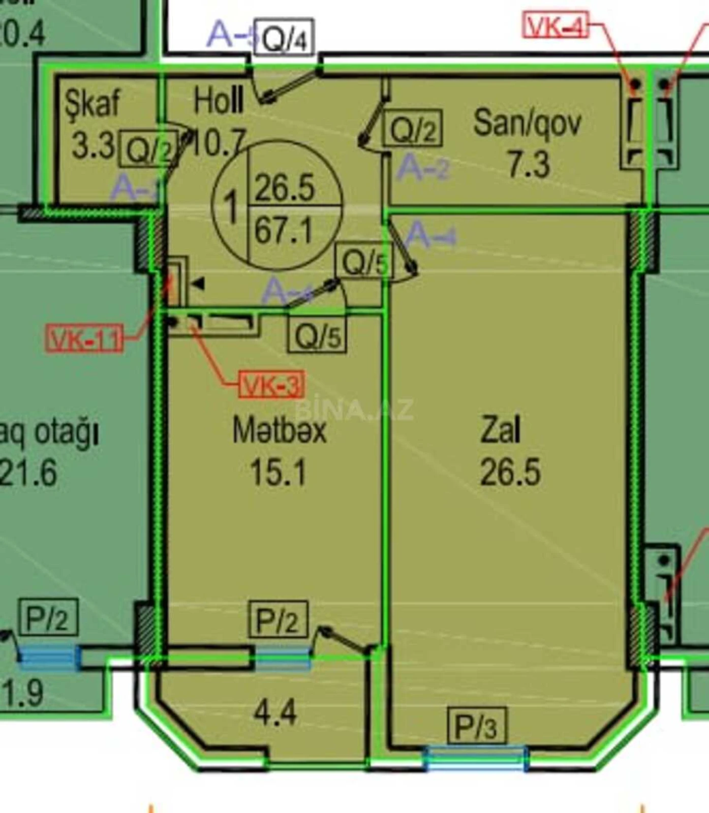 Satılır 1 otaqlı mənzil 67 m²