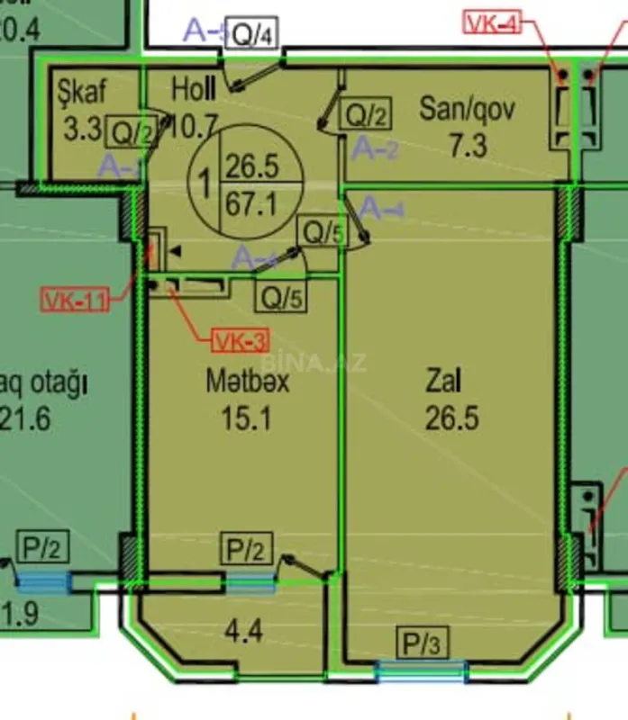 Satılır 1 otaqlı mənzil 67 m²