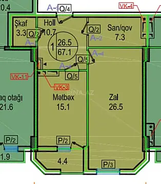 Satılır 1 otaqlı mənzil 67 m²