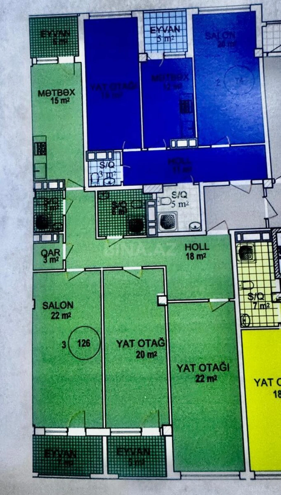 Satılır 3 otaqlı mənzil 126 m²