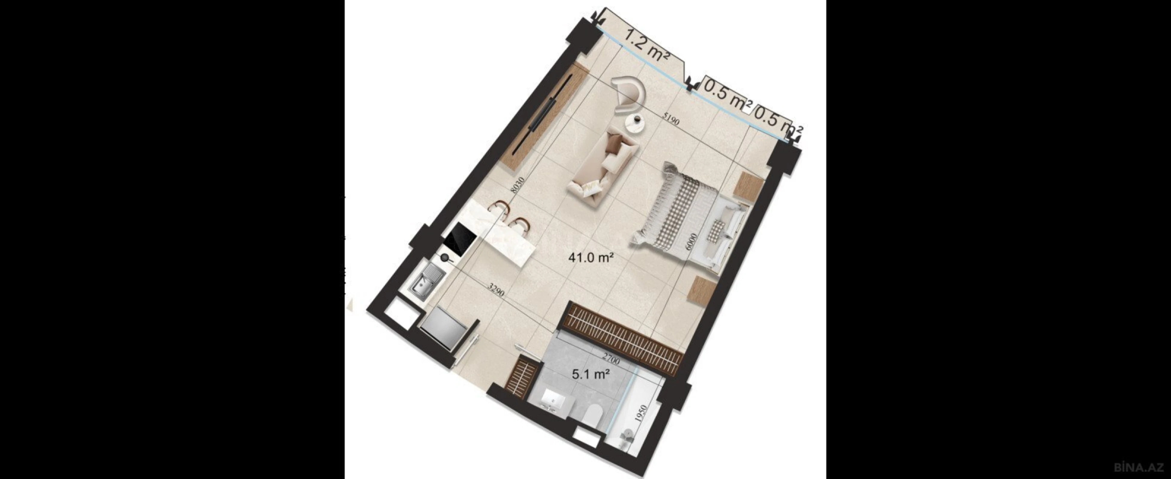 Satılır 1 otaqlı mənzil 54.6 m²
