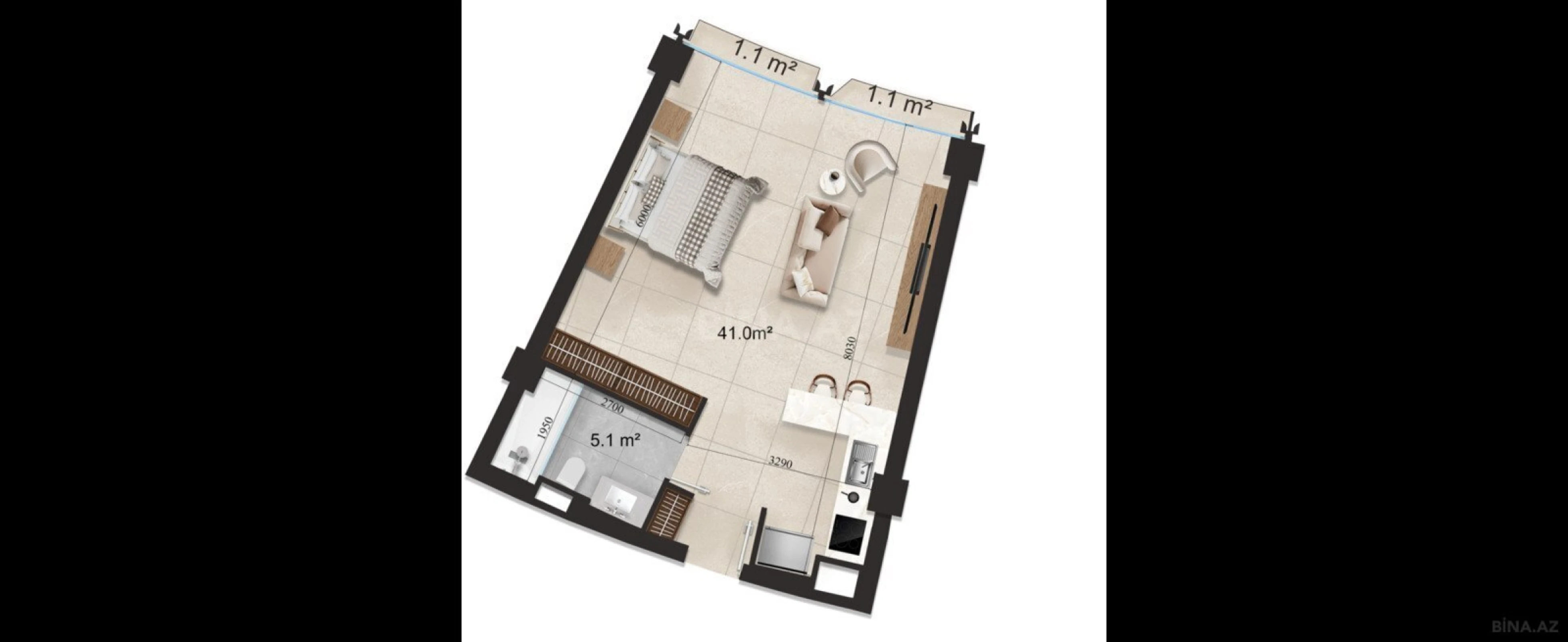 Satılır 1 otaqlı mənzil 54.7 m²