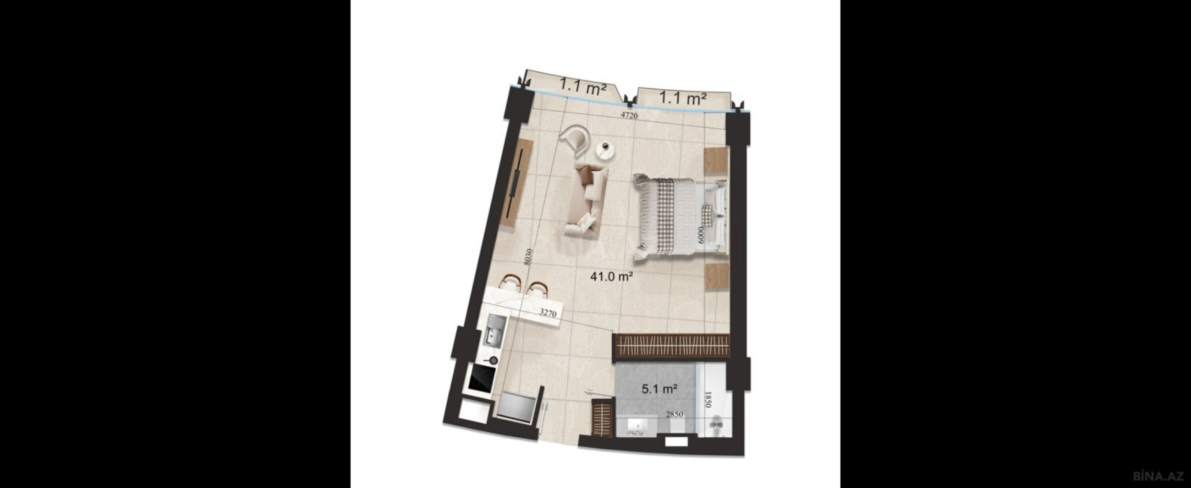 Satılır 1 otaqlı mənzil 54.7 m²