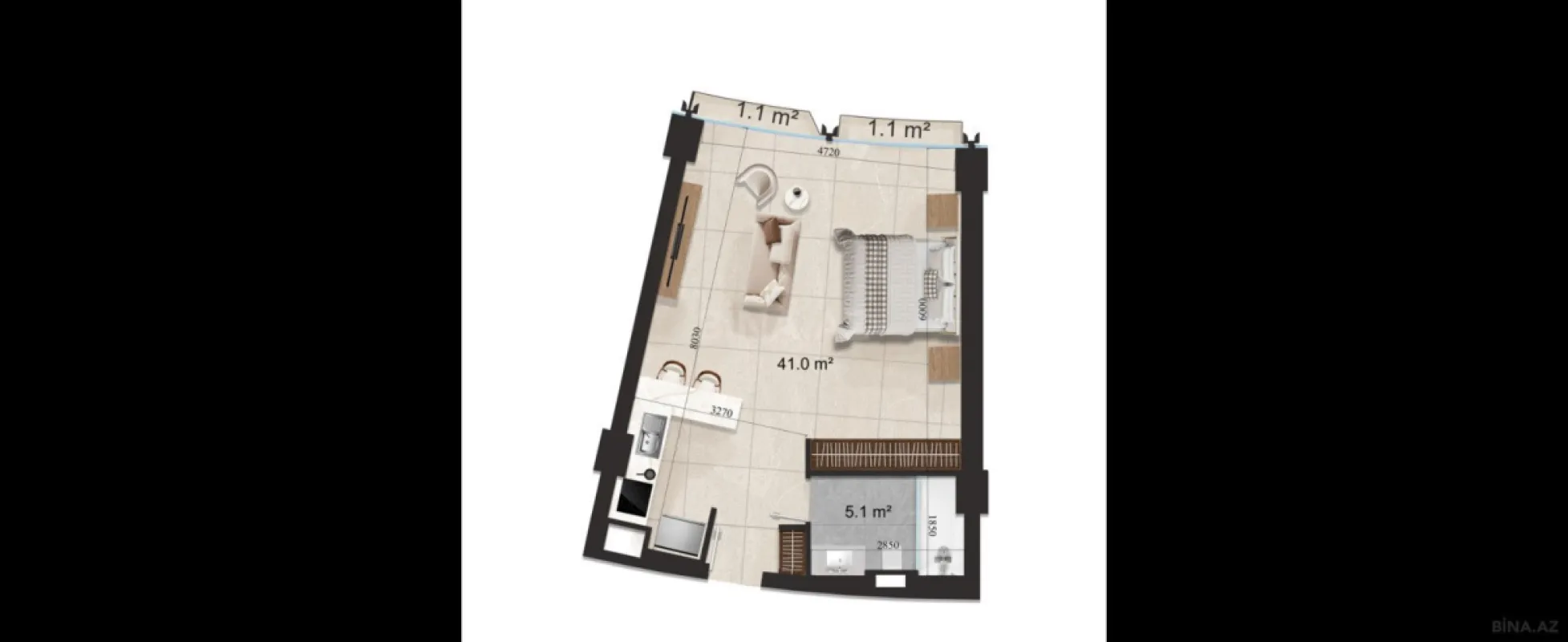 Satılır 1 otaqlı mənzil 54.7 m²