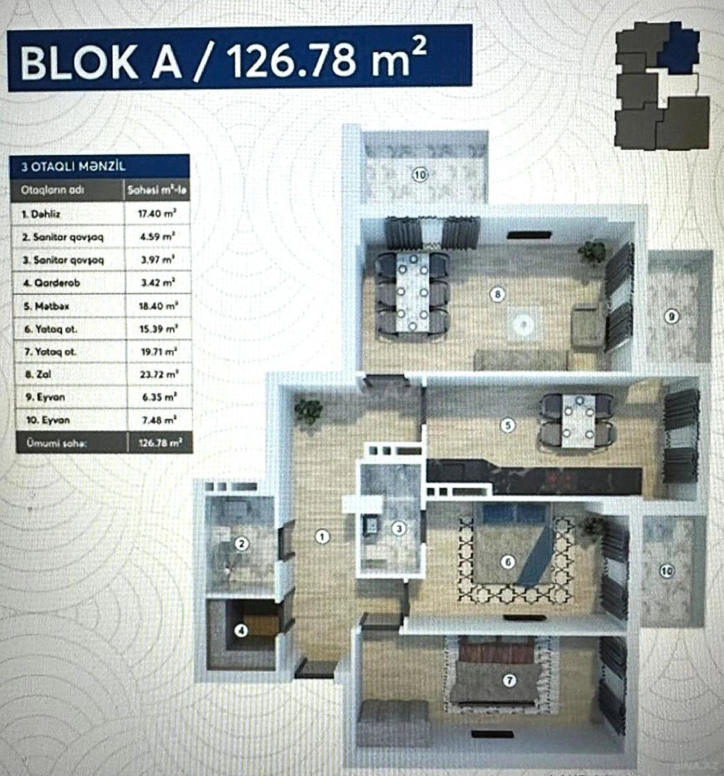 Satılır 3 otaqlı mənzil 126.7 m²