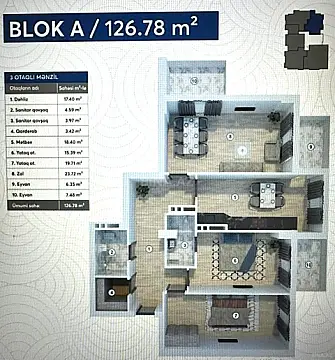 Satılır 3 otaqlı mənzil 126.7 m²