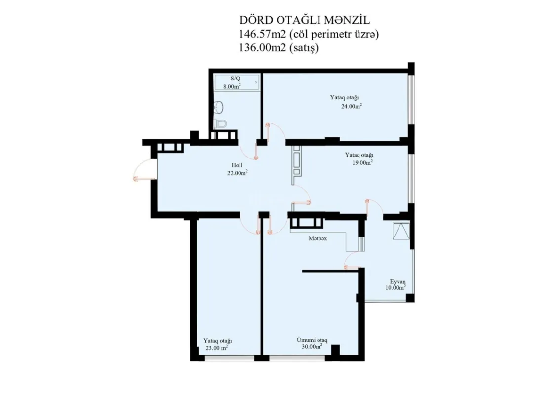 Satılır 4 otaqlı mənzil 147 m²