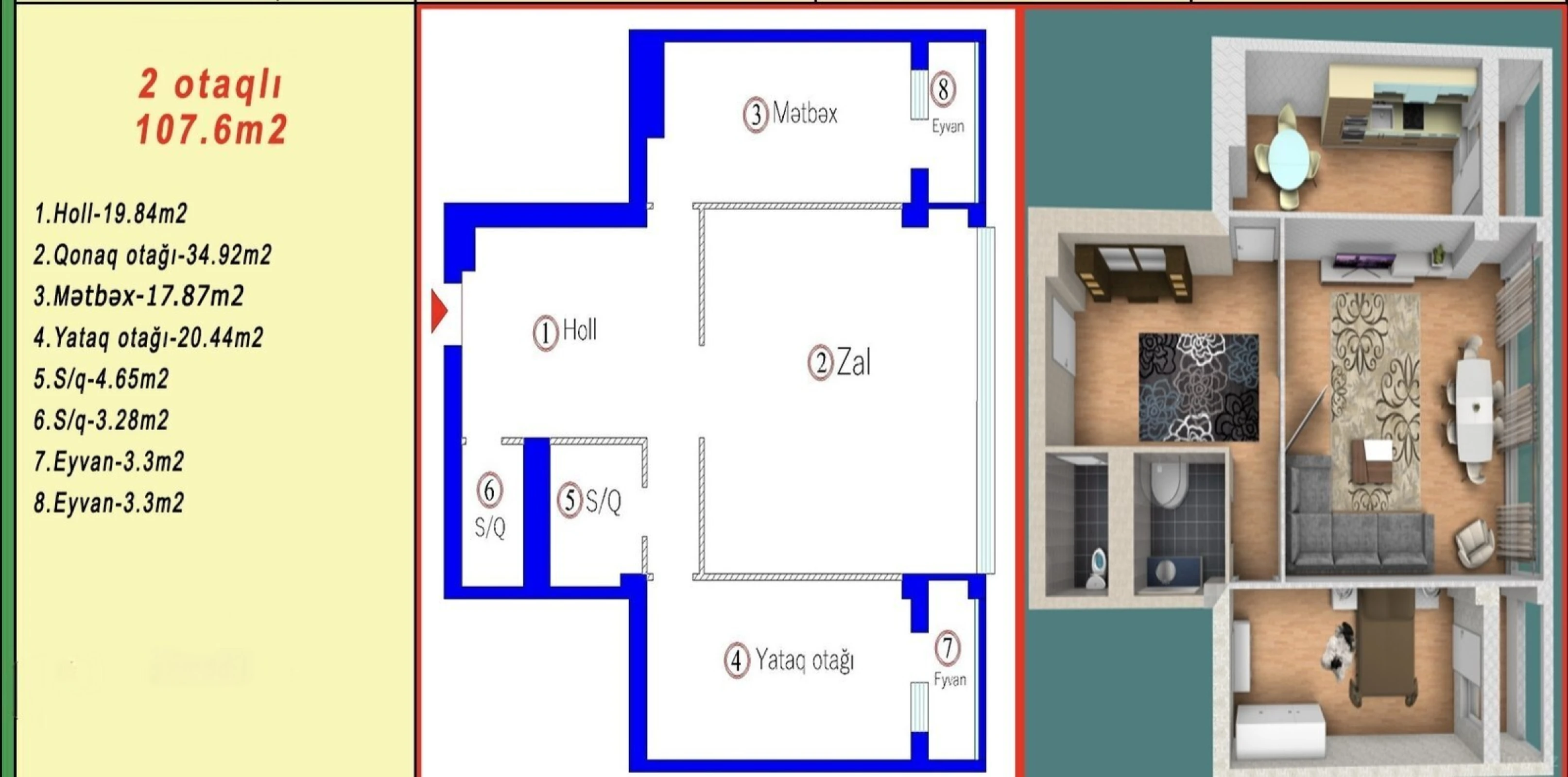 Satılır 3 otaqlı mənzil 107.5 m²