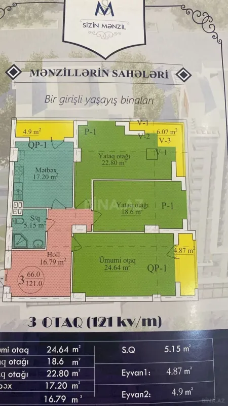 Satılır 3 otaqlı mənzil 121 m²