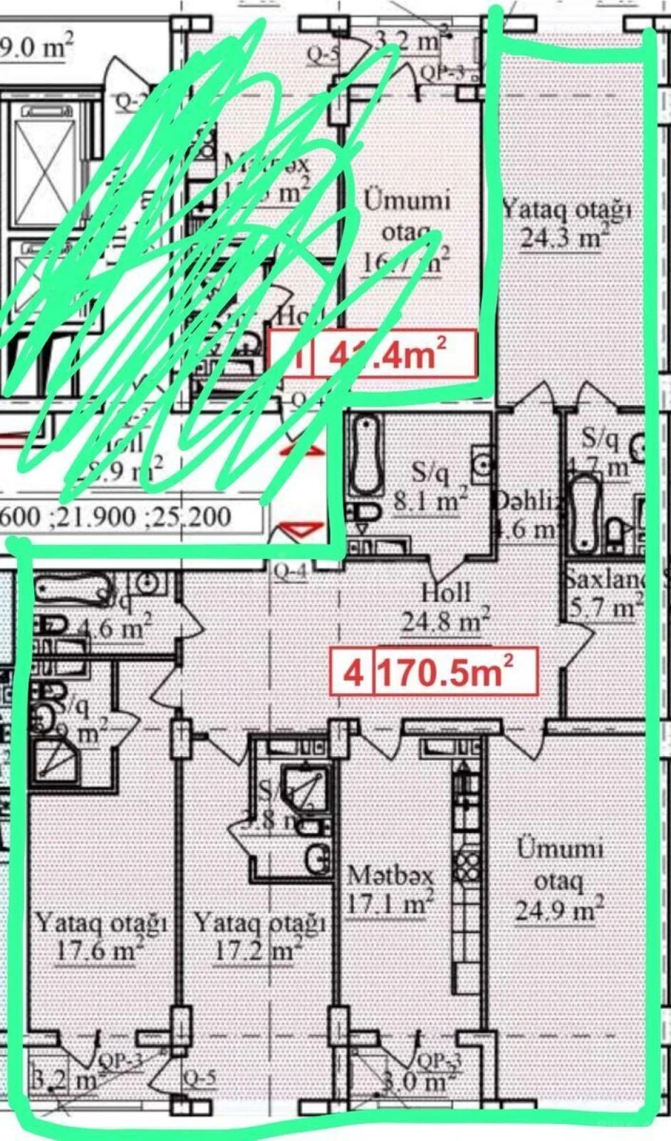 Satılır 4 otaqlı mənzil 170 m²