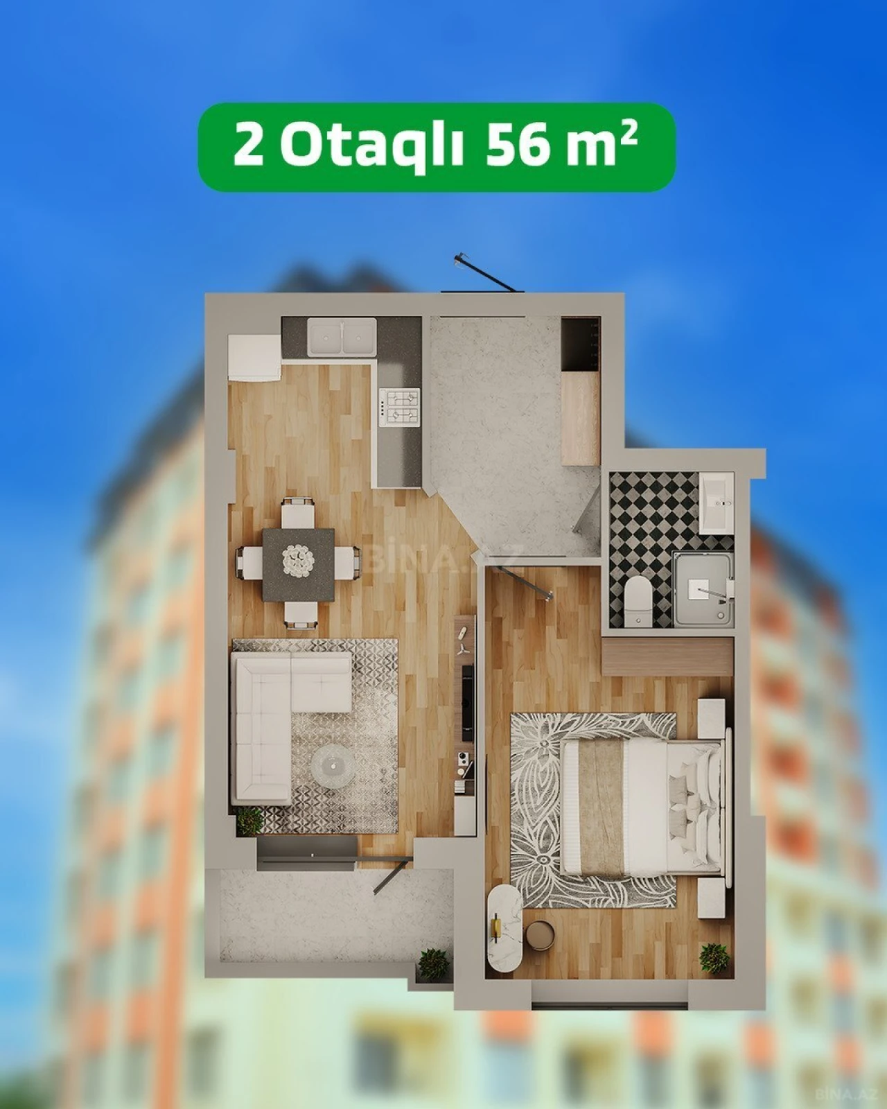 Satılır 2 otaqlı mənzil 56 m²