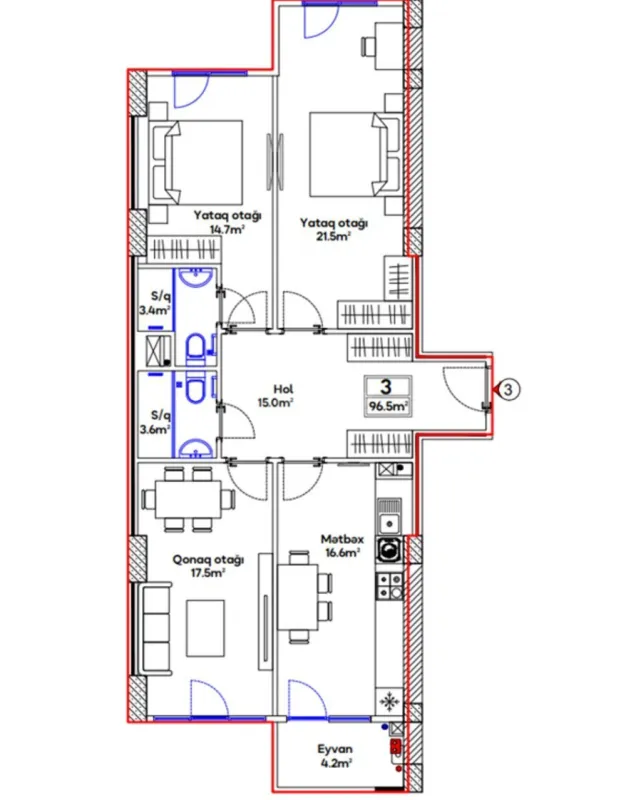Satılır 3 otaqlı mənzil 96.5 m²