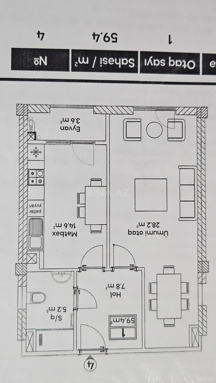 Satılır 2 otaqlı mənzil 59 m²