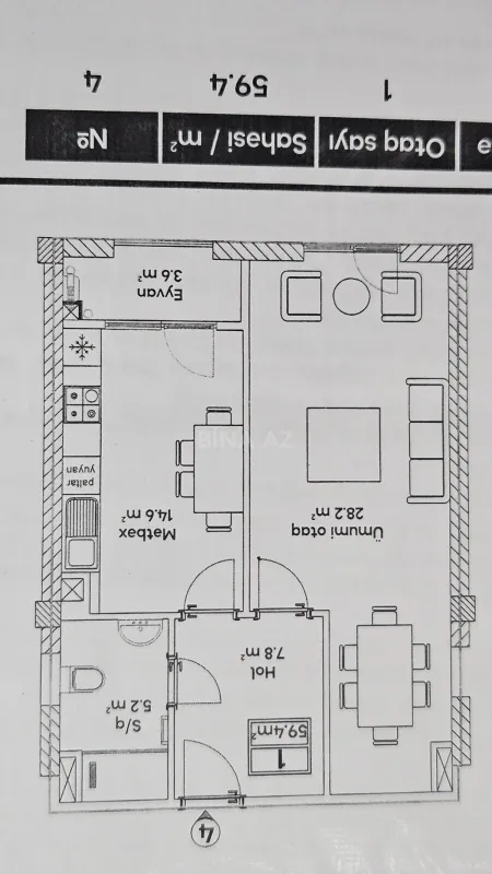 Satılır 2 otaqlı mənzil 59 m²