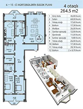 Satılır 4 otaqlı mənzil 265 m²