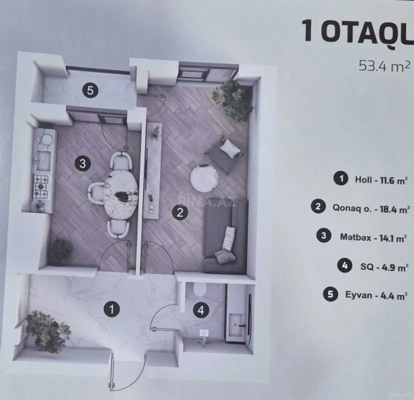 Satılır 1 otaqlı mənzil 53.4 m²