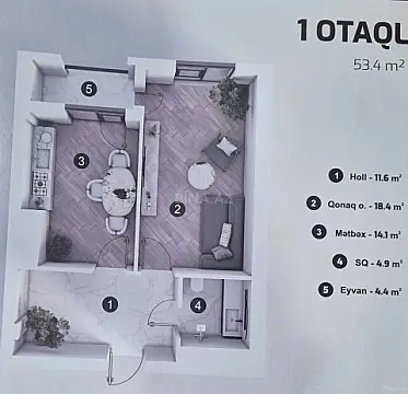 Satılır 1 otaqlı mənzil 53.4 m²