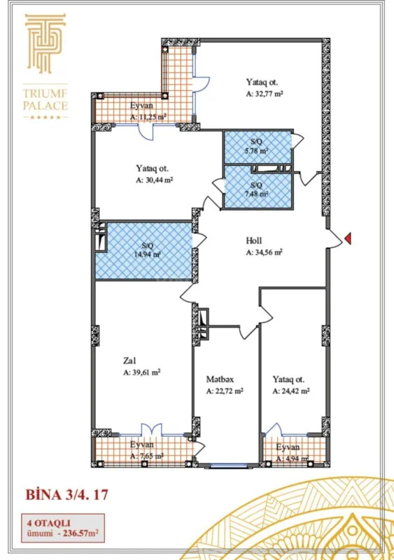Satılır 4 otaqlı mənzil 236 m²