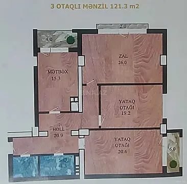Satılır 3 otaqlı mənzil 121 m²