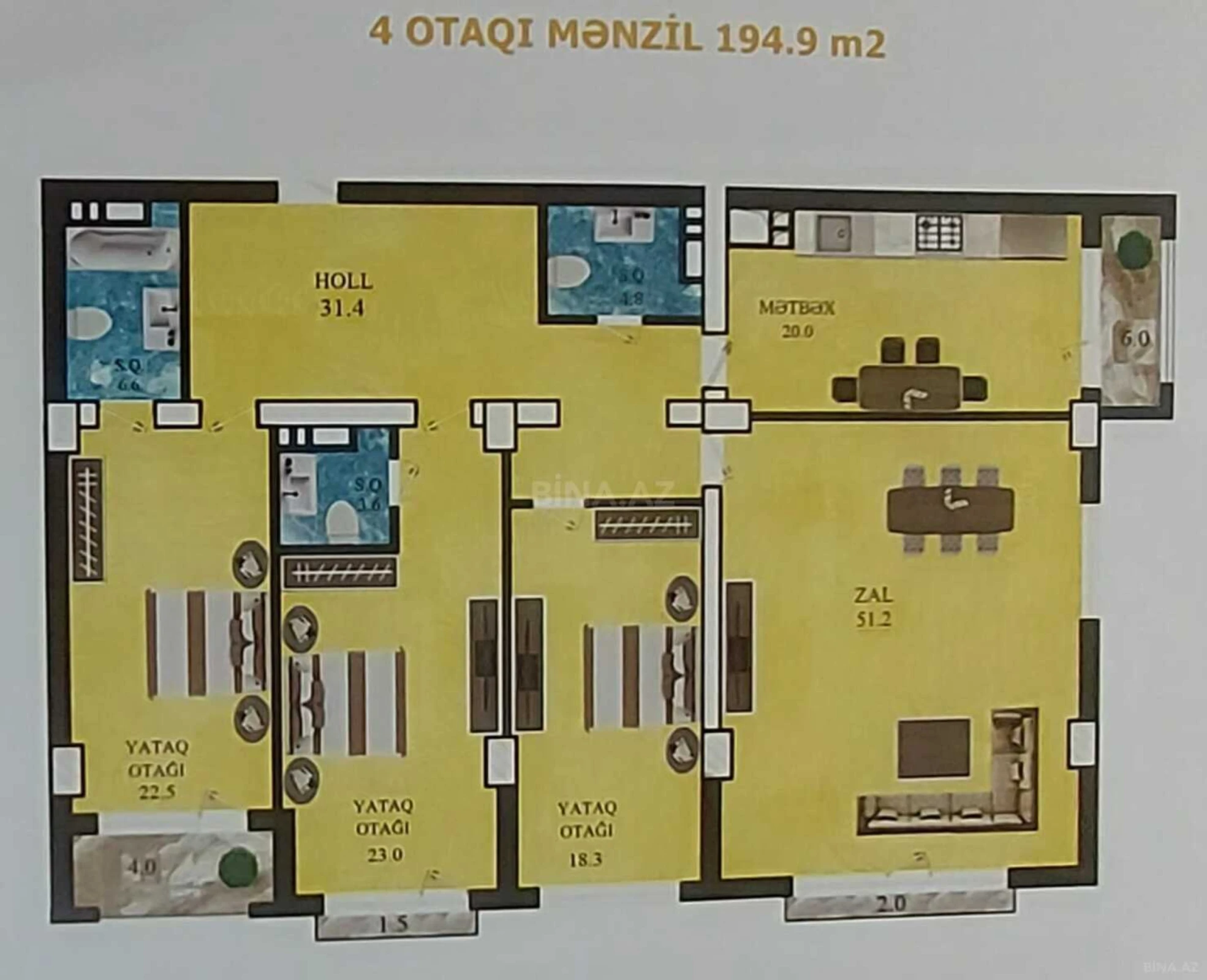 Satılır 4 otaqlı mənzil 195 m²