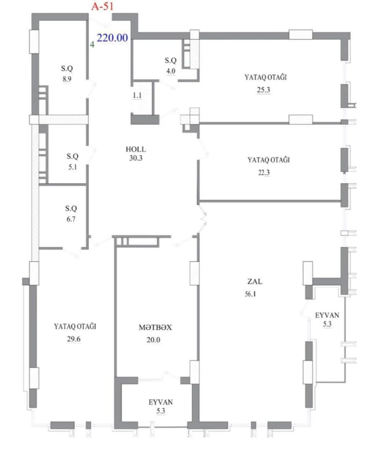 Satılır 4 otaqlı mənzil 220 m²