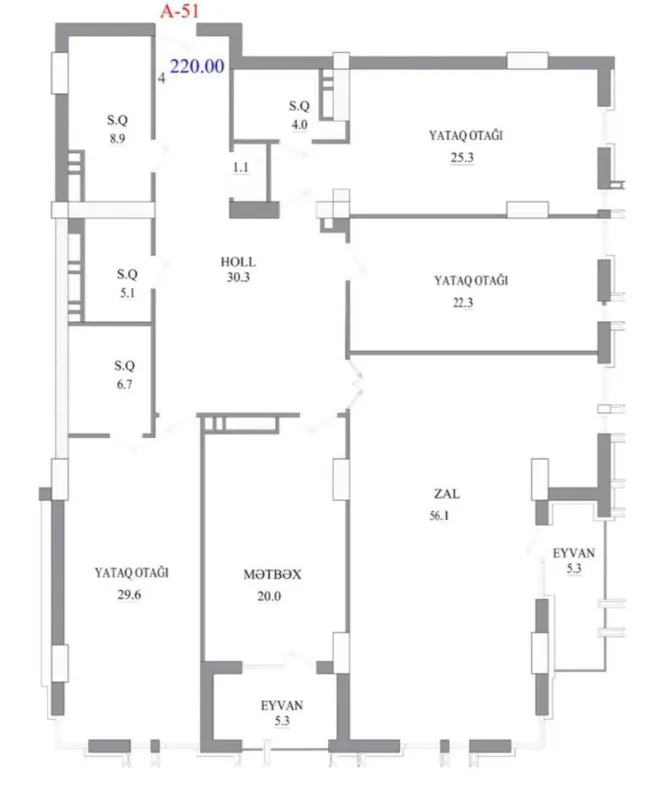 Satılır 4 otaqlı mənzil 220 m²