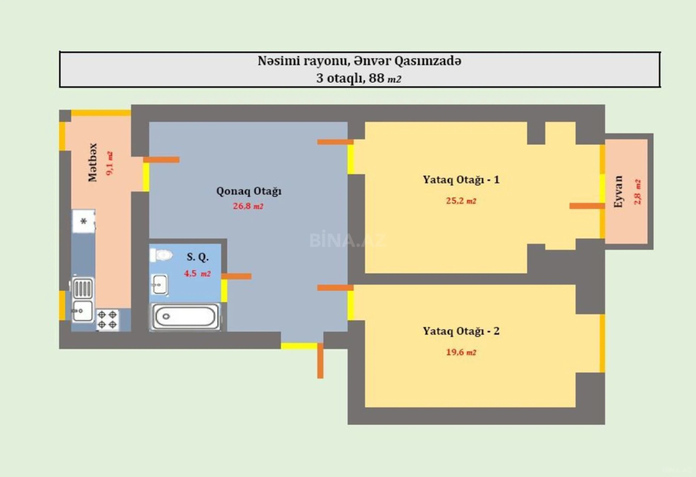 Satılır 3 otaqlı mənzil 88 m²