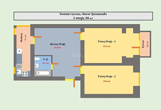 Satılır 3 otaqlı mənzil 88 m²