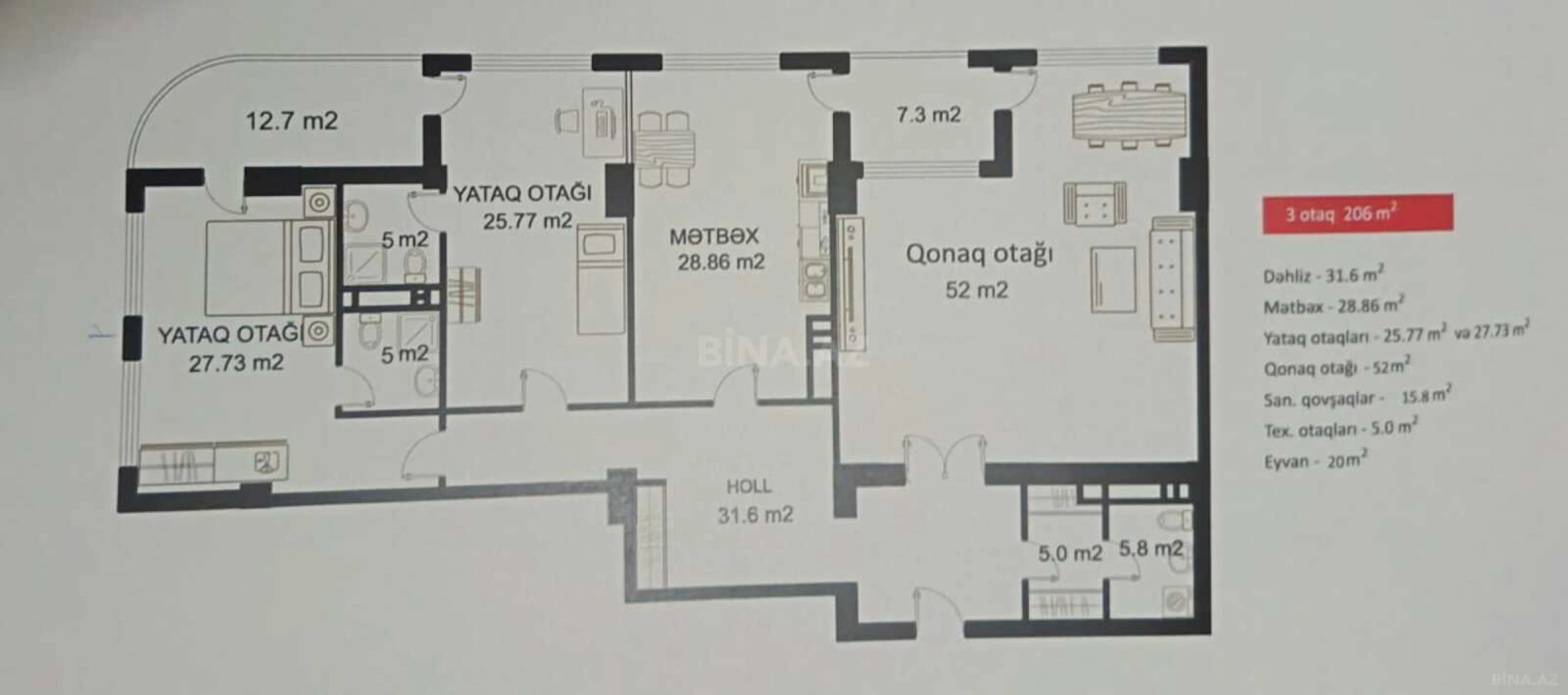 Satılır 3 otaqlı mənzil 206 m²