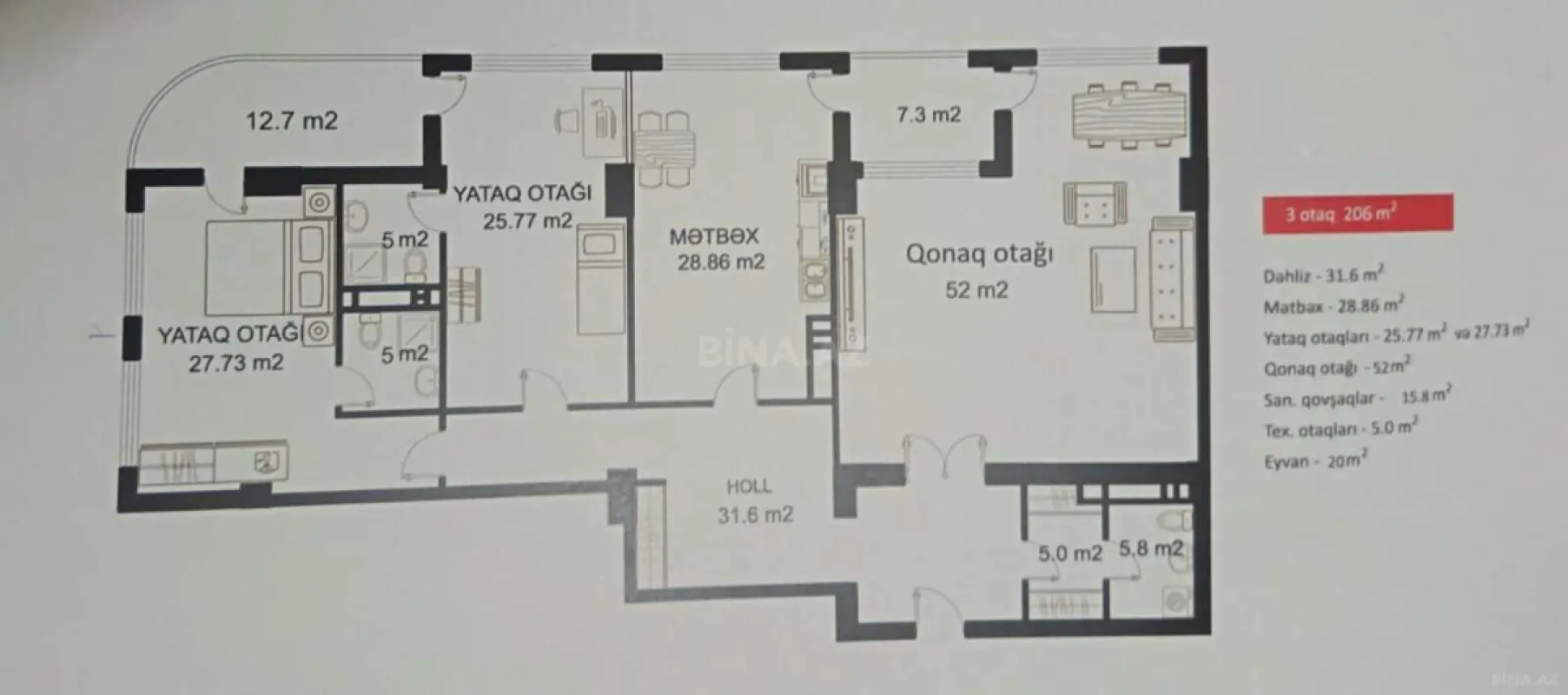 Satılır 3 otaqlı mənzil 206 m²