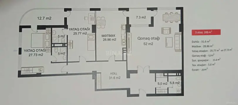 Satılır 3 otaqlı mənzil 206 m²