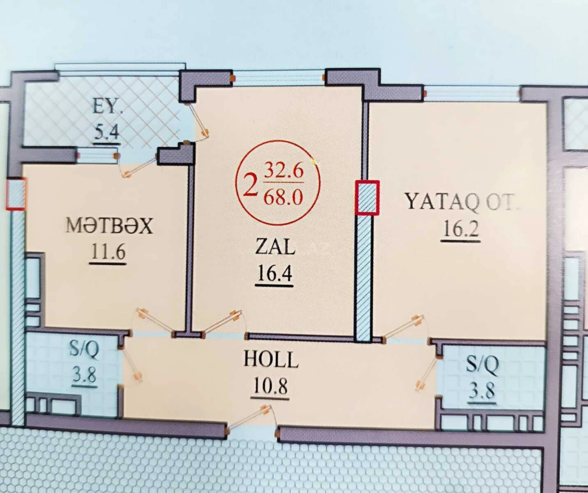 Satılır 2 otaqlı mənzil 68 m²