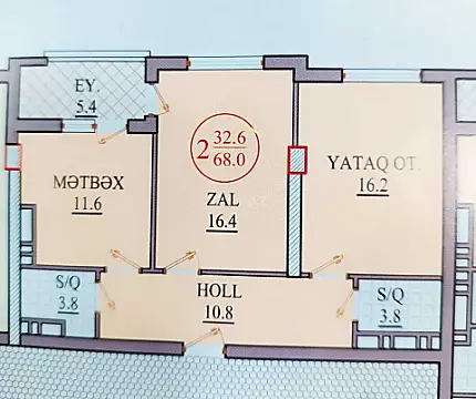 Satılır 2 otaqlı mənzil 68 m²